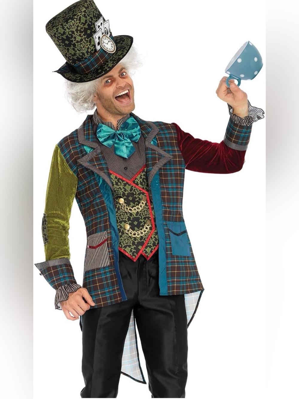 Men's 3 Pc Deluxe Mad Hatter Costume Men with Mad Hatter Hat, Jacket, and Dickie